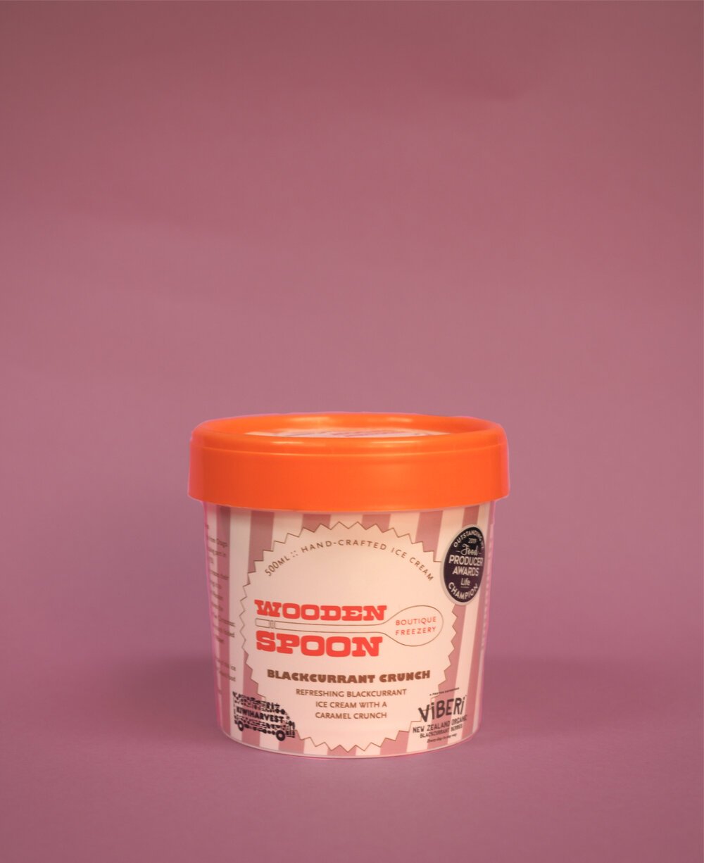 Blackcurrant Crunch: 2019 Outstanding New Zealand Food Producer Supreme Champion. Tart &amp; sweet blackcurrant ice cream with a caramel chocolate crunch