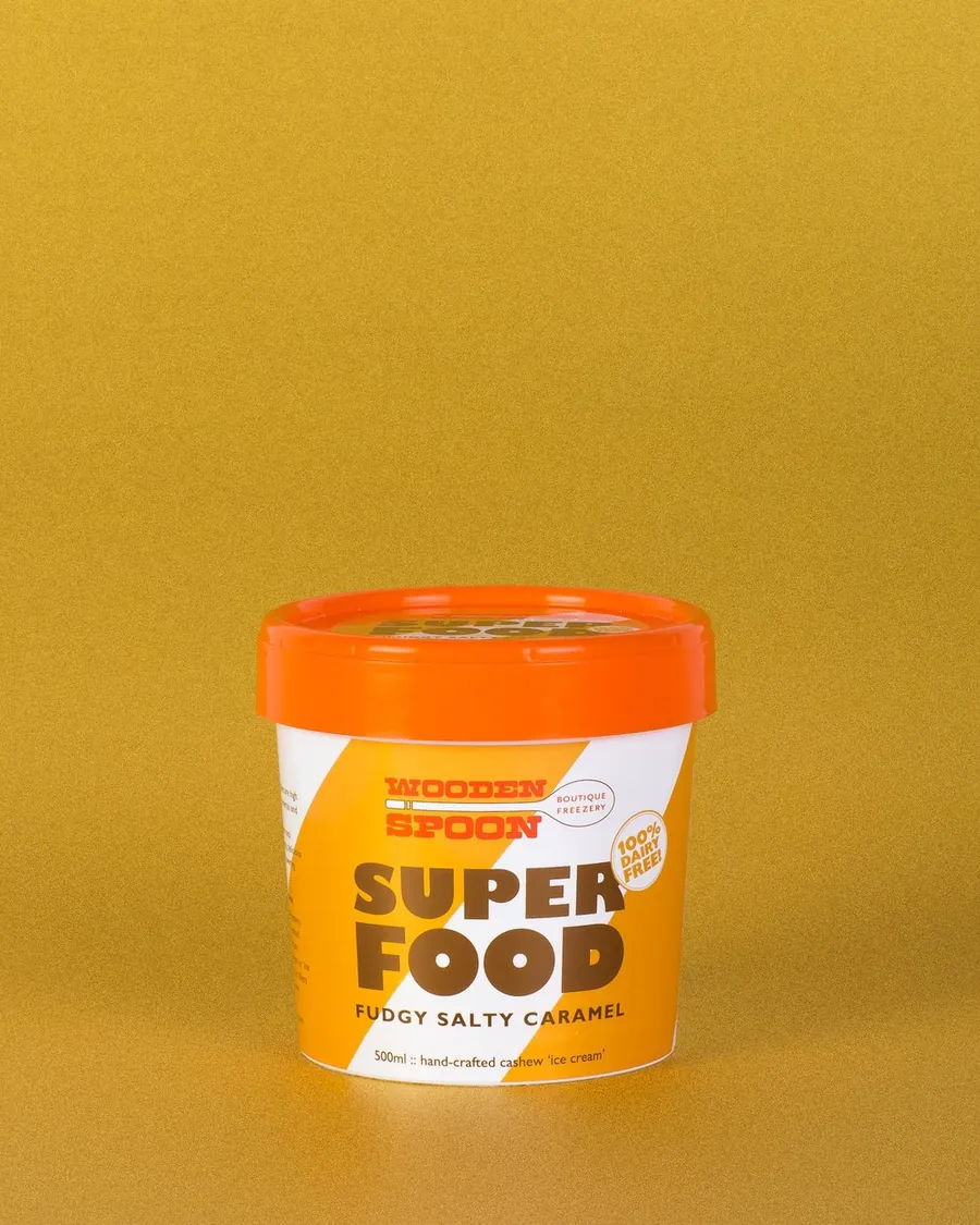 Fudgy Salty Caramel dairy-free ice cream from the original SUPERFOOD range